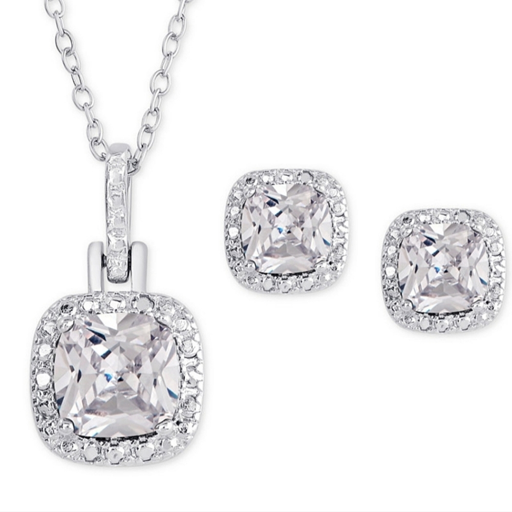 White Topaz & Diamond Sterling Silver 18" Pendant, Necklace & Stud Earrings Set